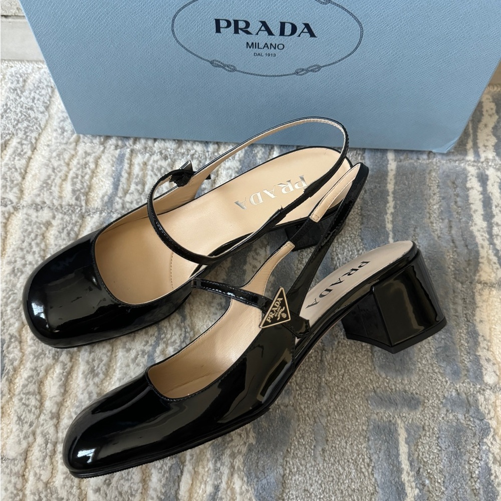 Prada Décoletté Logo Slingback Mary Jane Black Patent Leather Block Heel Pump